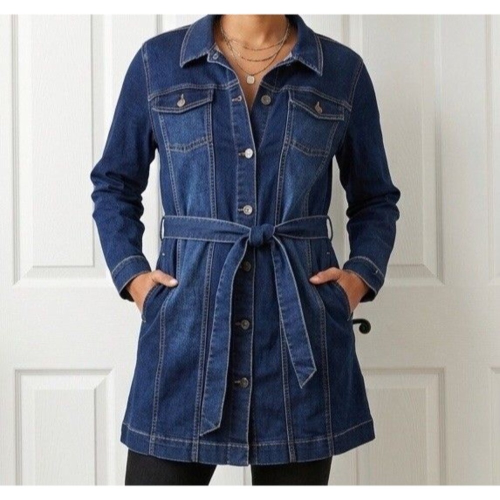 Susan Graver Jeans Jacket Women Petite 2X Belted Stretch Denim Long Utility New